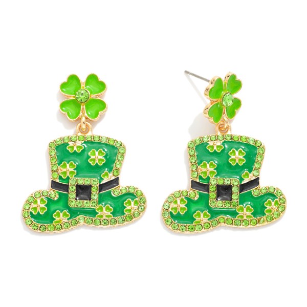 Enamel Clover & Leprechaun Post Drop Earrings Featuring Rhinestone Details

- Approximately 1.5" L