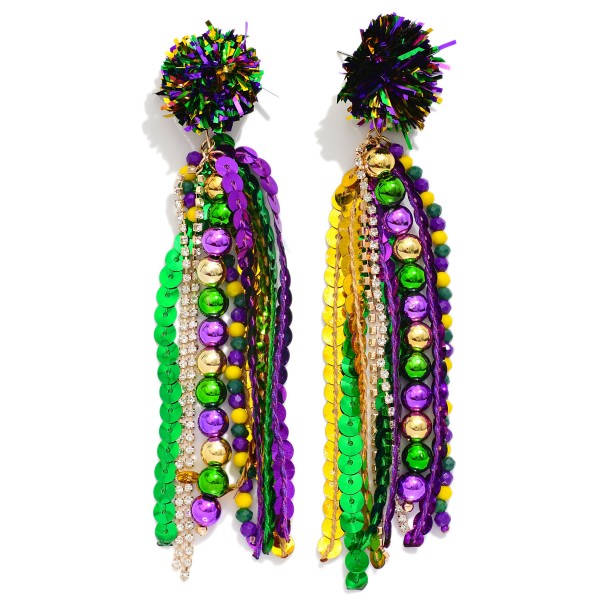 Pom & Tassel Mardi Gras Post Drop Earrings Featuring Sequins, Beads, & Rhinestones 

