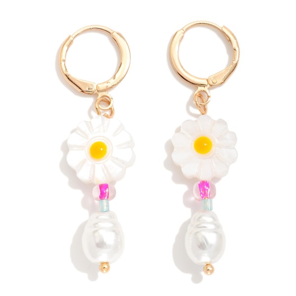Metal Tone Hoop Earrings Featuring Flower & Pearl Dangle

- Approximately 2" L