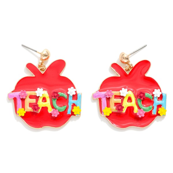 Enamel "TEACH" Apple With Flowers Post Drop Earrings 

- Approximately 1.5" L