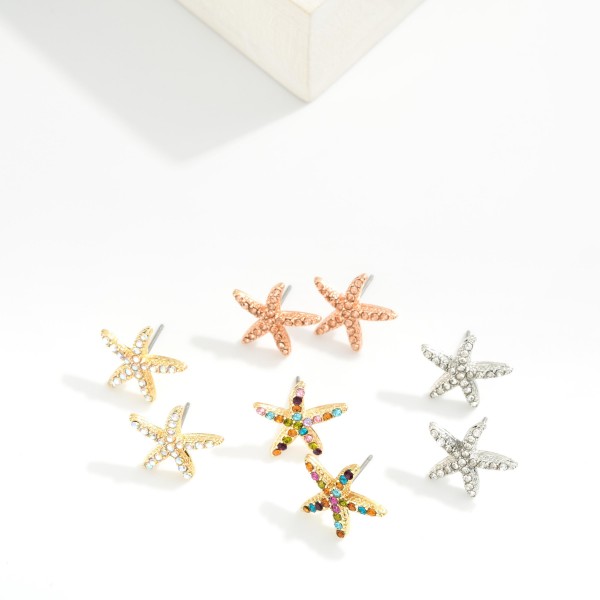 Rhinestone Studded Starfish Stud Earrings 

- Approximately .5" L