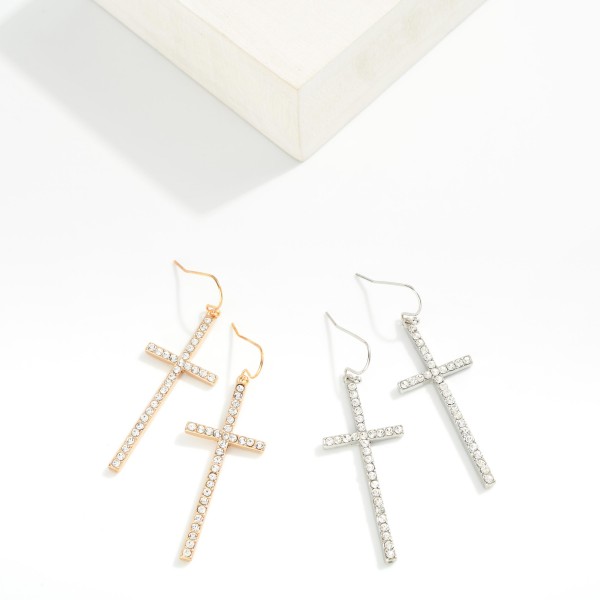 Rhinestone Studded Cross Drop Earrings 

- Approximately 2" L