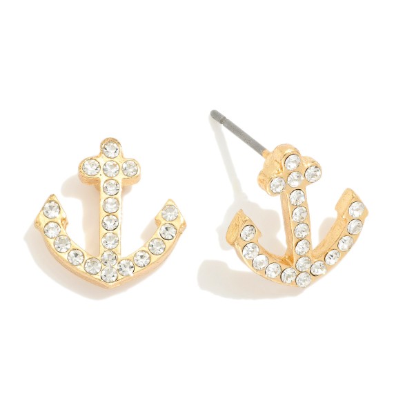 Metal Tone Anchors Stud Earring Featuring Rhinestones 

- Approximately .5" L 
