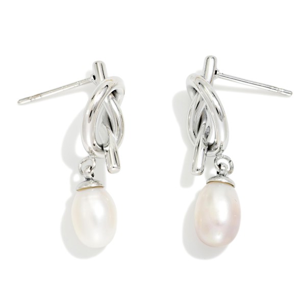 Knotted Metal & Pearl Post Drop Earrings 

- Stainless Steel 
- Approximately .75" L