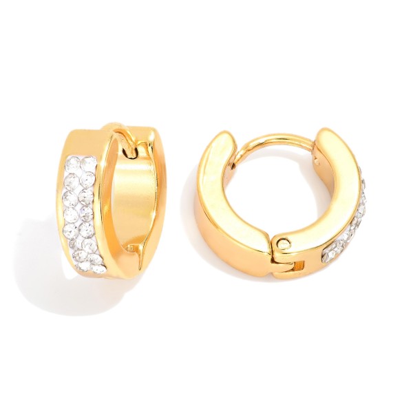 Metal Tone Hoop Earrings Featuring Rhinestones 

- Stainless Steel 
- Approximately .5" D