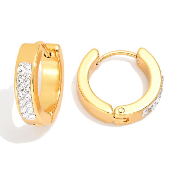 Metal Tone Hoop Earrings Featuring Rhinestones 

- Stainless Steel 
- Approximately .5" D