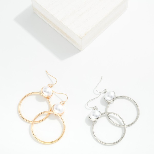 Linked Metal Tone Hoop & Pearl Drop Earrings 

- Approximately 2.25" L