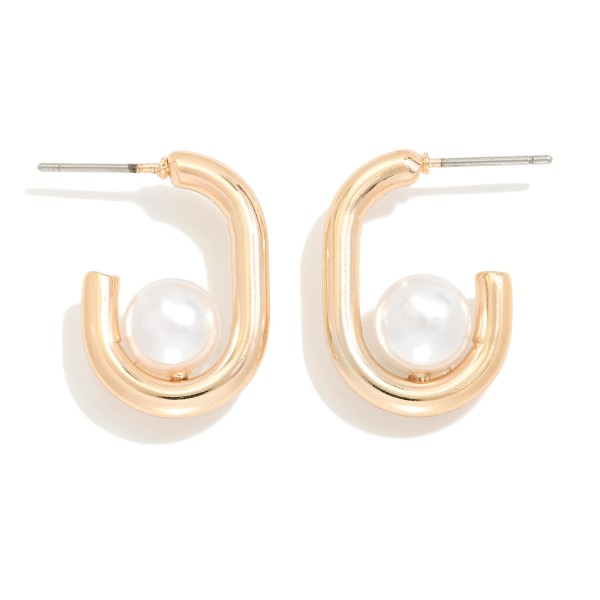 Metal Tone Rectangular Hoop Drop Earring Featuring Pearl Ball 

- Approximately 1" L 