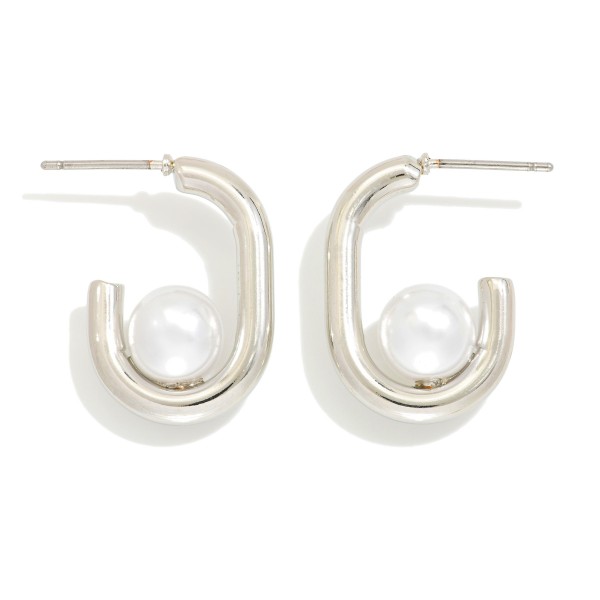 Metal Tone Rectangular Hoop Drop Earring Featuring Pearl Ball 

- Approximately 1" L 