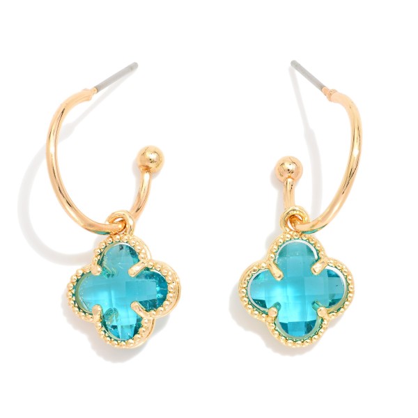 Metal Tone Hoop & Glass Crystal Clover Drop Earrings 

- Approximately 1" L