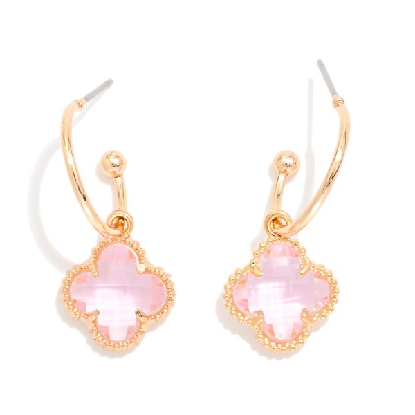 Metal Tone Hoop & Glass Crystal Clover Drop Earrings 

- Approximately 1" L