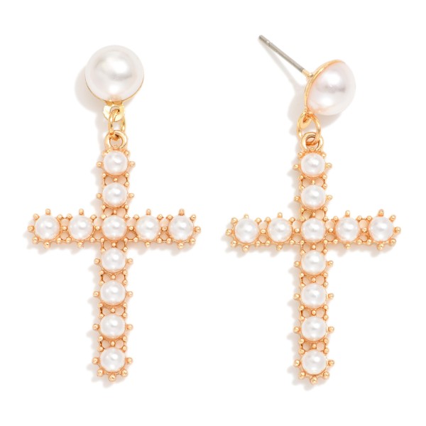 Pearl Beaded Cross Post Drop Earrings 

- Approximately 1.75" L