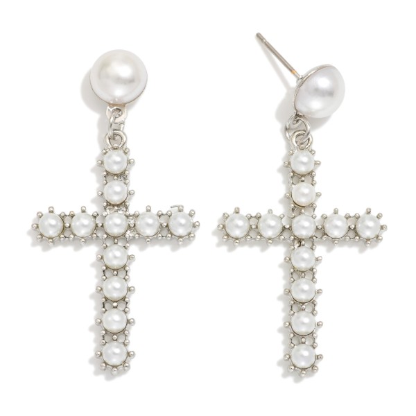 Pearl Beaded Cross Post Drop Earrings 

- Approximately 1.75" L