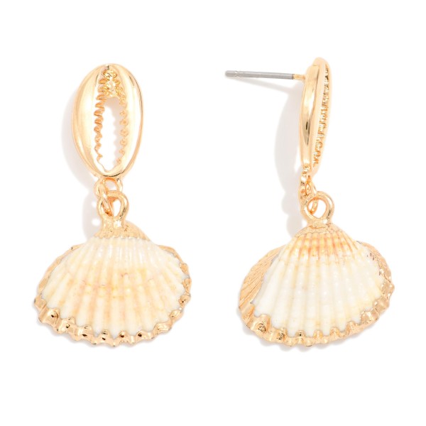 Linked Metal Tone Cowrie Shell & Fan Shell Post Drop Earrings 

- Approximately 1.5" L