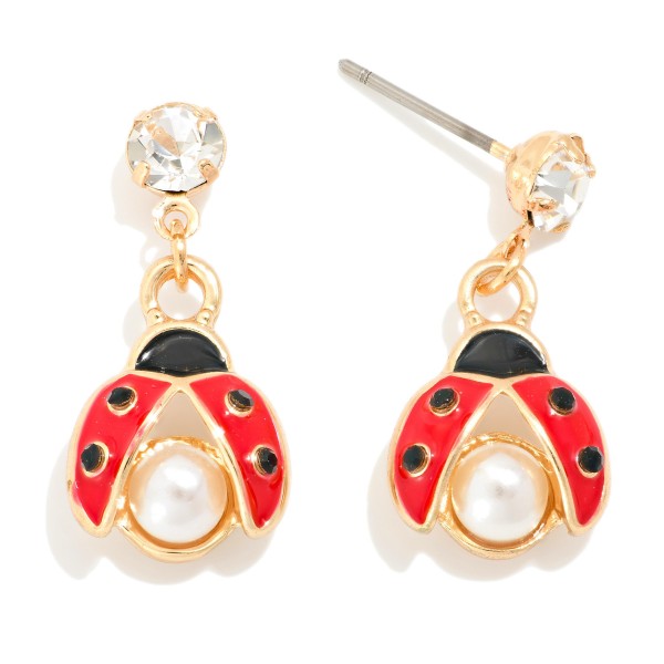 Linked Enamel Ladybug & Rhinestone Post Drop Earrings Featuring Pearl 

- Approximately 1" L