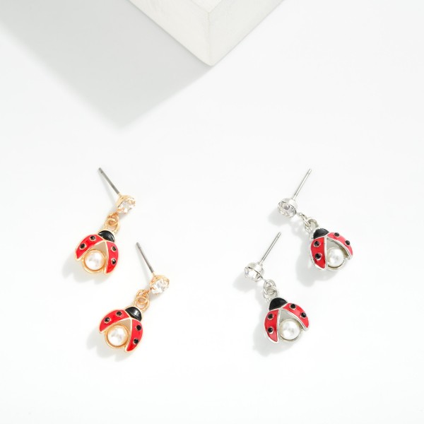 Linked Enamel Ladybug & Rhinestone Post Drop Earrings Featuring Pearl 

- Approximately 1" L