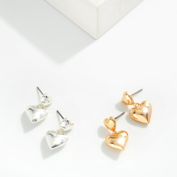 Linked Metal Tone Puffy Heart Drop Earrings 

- Approximately .75" L