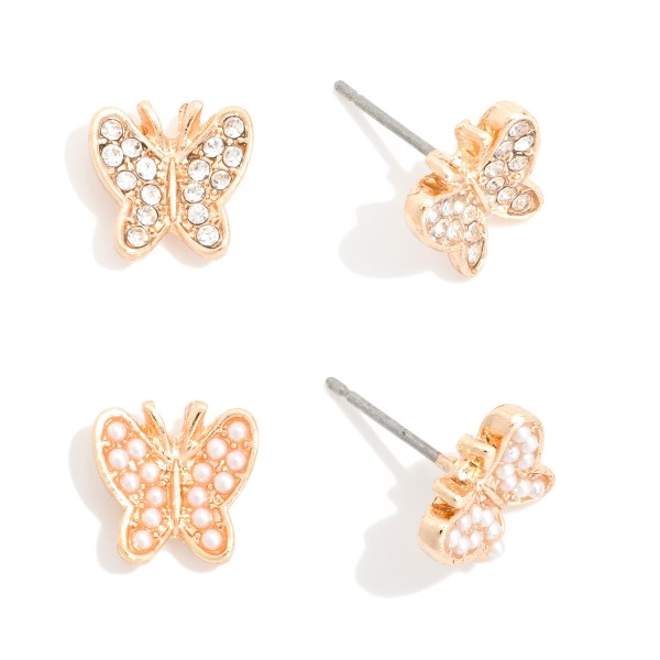 Set Of Two Butterfly Stud Earrings Featuring Pearls & Rhinestones 

- Approximately .25" L