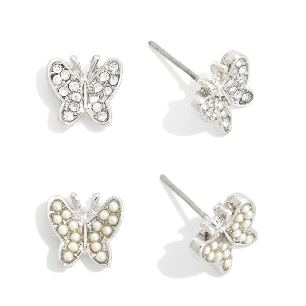Set Of Two Butterfly Stud Earrings Featuring Pearls & Rhinestones 

- Approximately .25" L