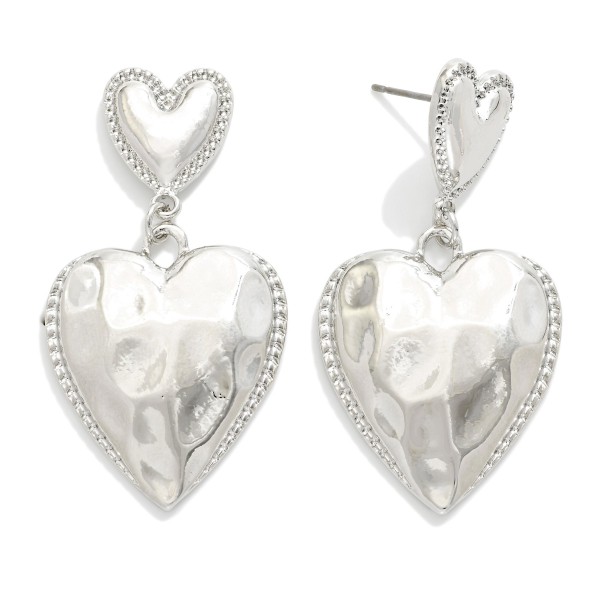 Metal Tone Chain Link Hammered Heart Drop Earrings Featuring Ribb Border Detail 

- Approximately 2" L  