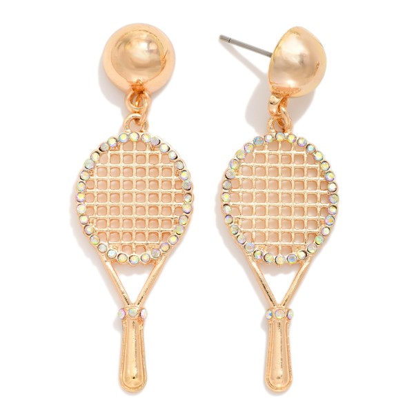 Tennis Racket & Metal Tone Ball Post Drop Earrings 

- Approximately 2" L