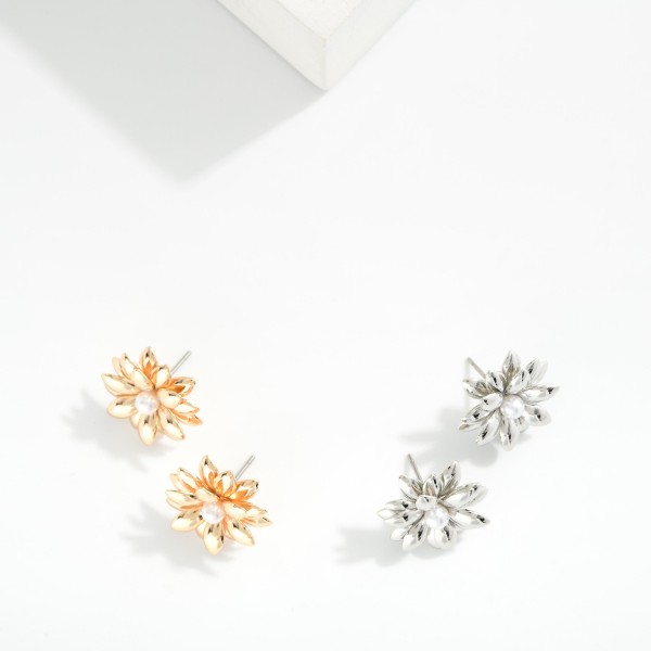 Metal Tone Flower Post Drop Earring Featuring Pearls 

- Approximately .75" D 