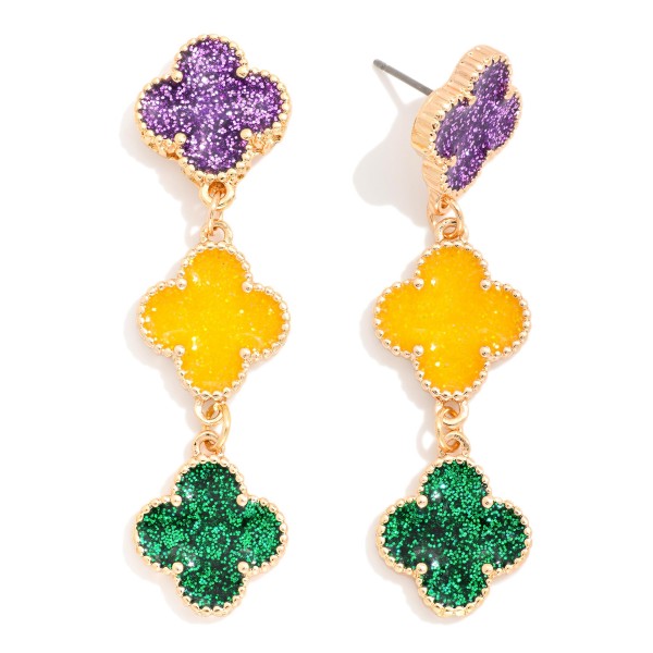 Linked Mardi Gras Glitter Clover Drop Earrings 

- Approximately 2" L