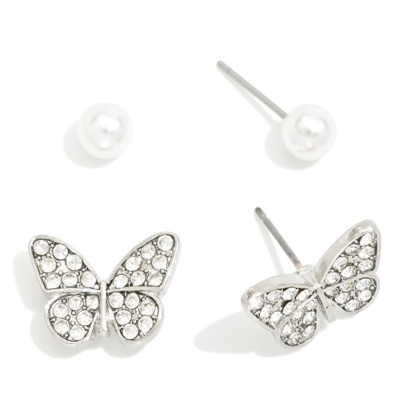 Set Of Two Stud Earrings Featuring Cubic Zirconia Butterfly & Pearls

- Approximately .05" - .50" L 