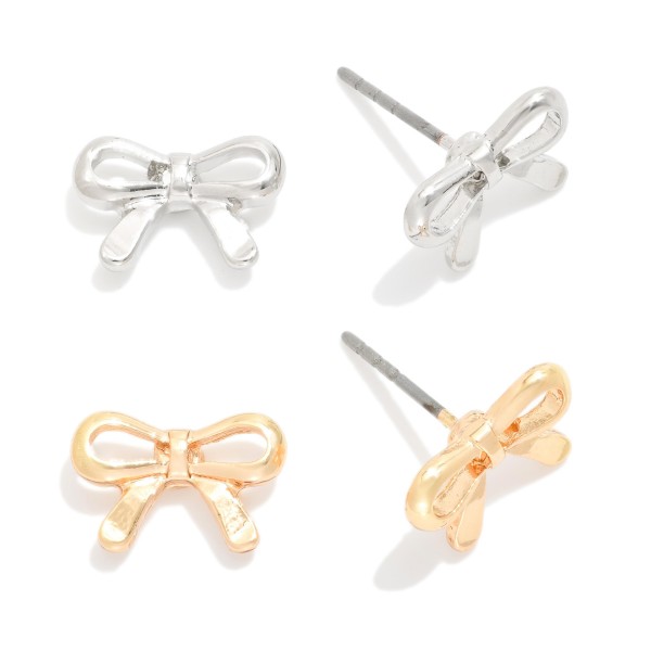 Set Of Two Metal Tone Stud Bow Earrings 

- Approximately .25" L