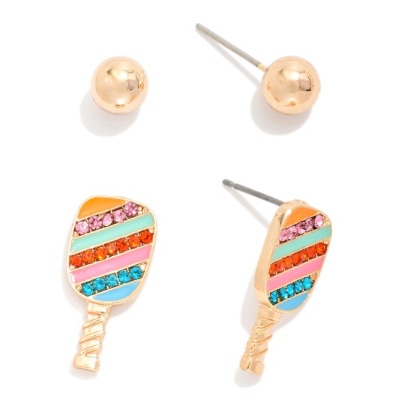 Set OF Two Stud Earrings Featuring Enamel Pickleball Racket & Metal Tone Ball

- Approximately .25" L- .75" L