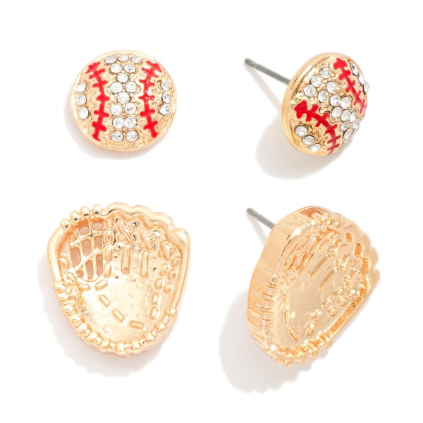 Set Of Two Stud Earrings Featuring Rhinestone Baseball & Metal Tone Mitt 

- Approximately .25" L-.75" L