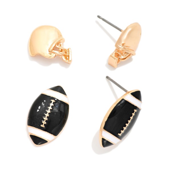 Set Of Two Stud Earrings Featuring Enamel Football & Metal Tone Helmet 

- Approximately .25" L-.75" L