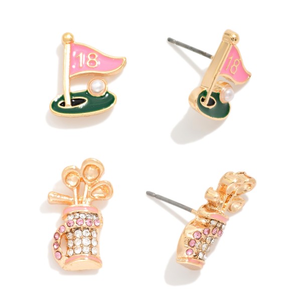 Set Of Two Enamel & Rhinestone Golf Stud Earrings 

- Approximately .25" L-.75" L