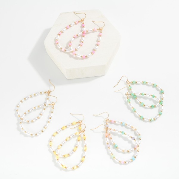 Faceted Beaded Teardrop Earrings Featuring Gold Tones & Pearls 

- Approximately 2.5" L 