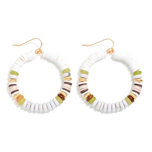 Metal Wire Hoop Earrings Featuring Heishi Beads, Gold Tones & Stone 

- Approximately 2" L 