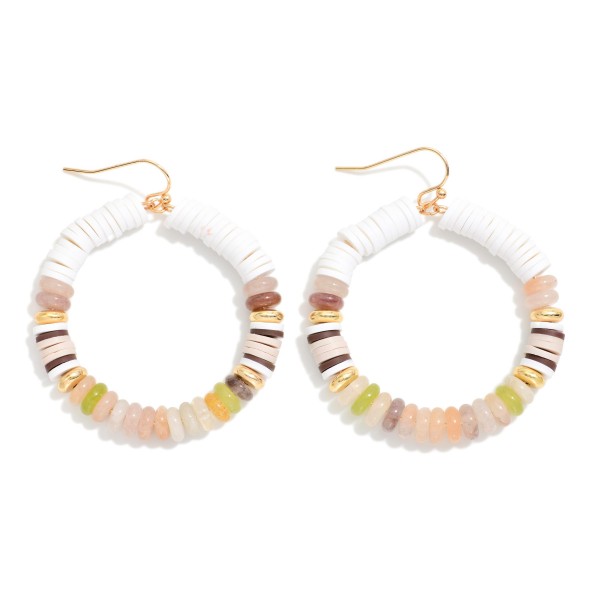 Metal Wire Hoop Earrings Featuring Heishi Beads, Gold Tones & Stone 

- Approximately 2" L 