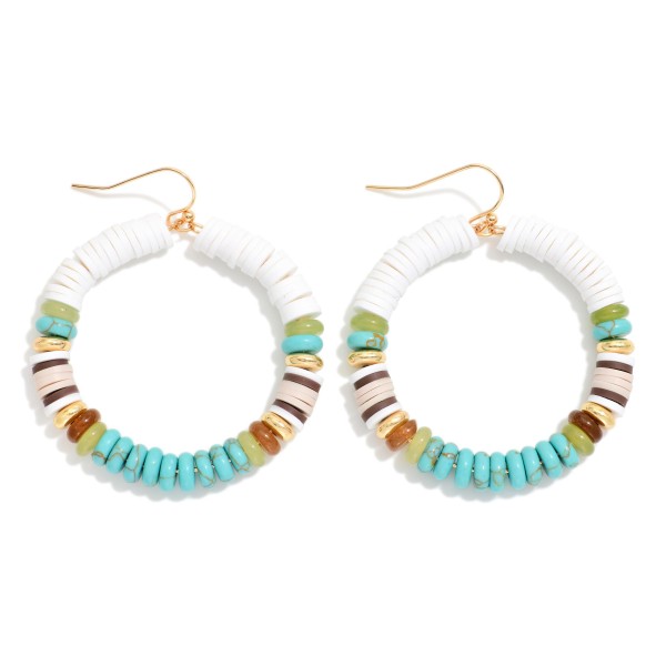 Metal Wire Hoop Earrings Featuring Heishi Beads, Gold Tones & Stone 

- Approximately 2" L 