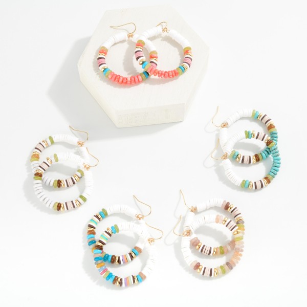 Metal Wire Hoop Earrings Featuring Heishi Beads, Gold Tones & Stone 

- Approximately 2" L 