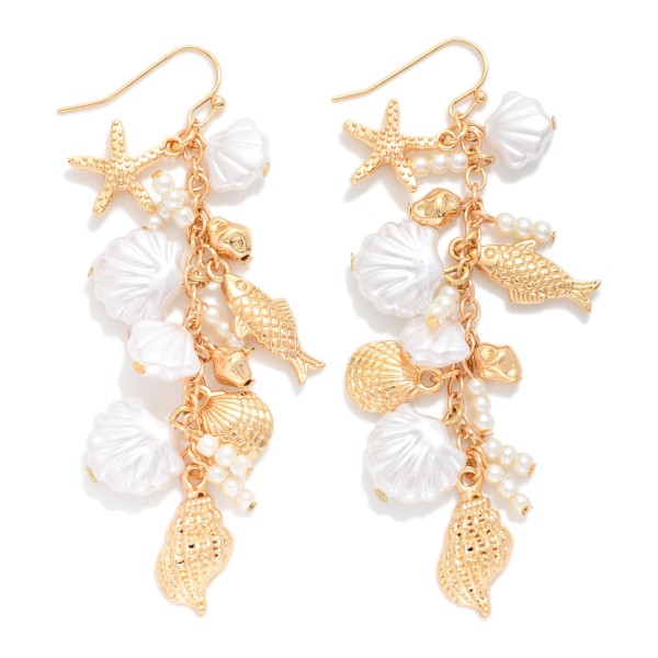 Linked Metal Tone Beach Charms And Pearl Tassel Drop Earring 

- Approximately 3" L