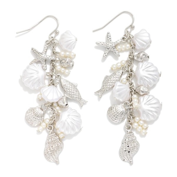 Linked Metal Tone Beach Charms And Pearl Tassel Drop Earring 

- Approximately 3" L