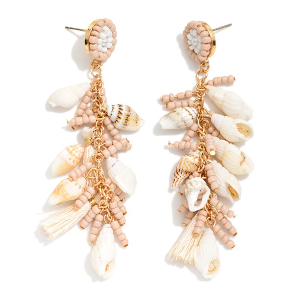 Metal Tone Chain Link Drop Earring Featuring Shell Charms, Pearl & Beads

- Approximately 3." L  
