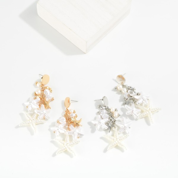 Metal Tone Chain Link Drop Earring Featuring Beach Charms, Pearls & Metal Tones 

- Approximately 2.5" L  