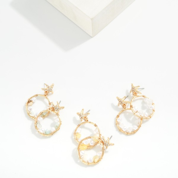 Linked Rhinestone Starfish & Pearl Beaded Hoop Post Drop Earrings 

- Approximately 1.5" L 