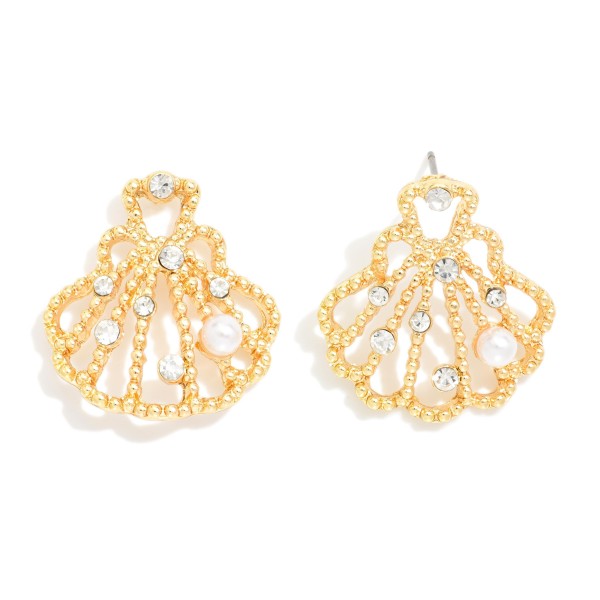 Metal Tone Hollow Shell Drop Earrings Featuring Pearl & Rhinestone Details

- Approximately .75" L 