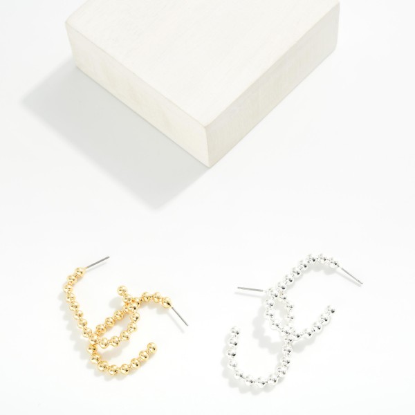 Metal Tone Beaded Rectangular Hoop Earrings 

- Approximately 1.5" L