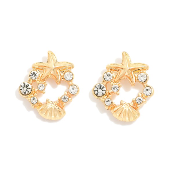 Circular Beach Stud Earring Featuring Rhinestones, Shells & Starfish 

- Approximately .5" D 