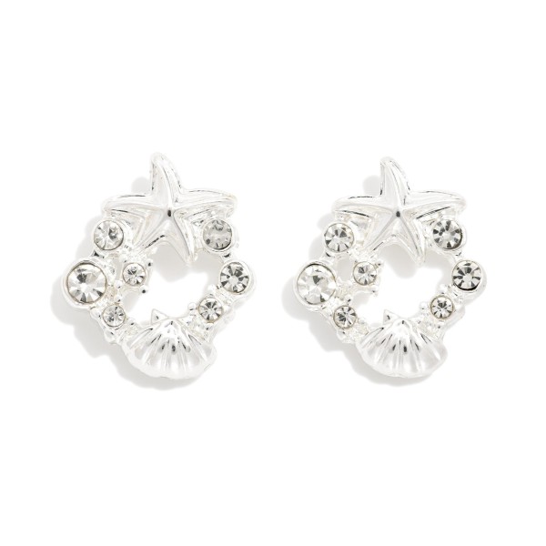 Circular Beach Stud Earring Featuring Rhinestones, Shells & Starfish 

- Approximately .5" D 