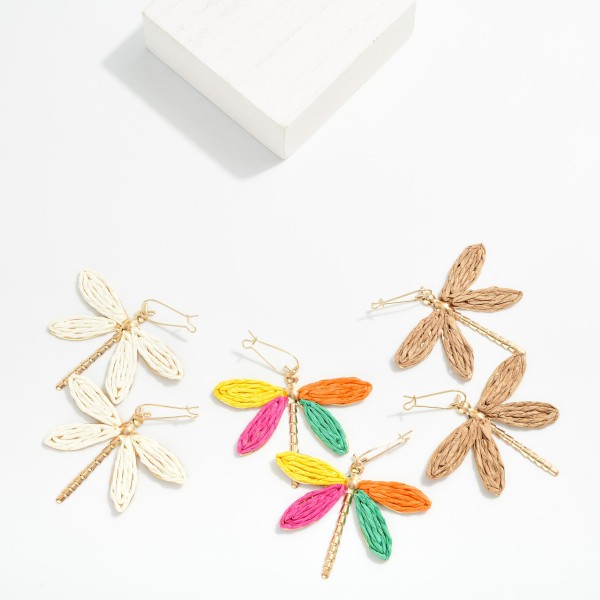 Raffia & Metal Tone Dragonfly Drop Earrings 

- Approximately 2.5" L