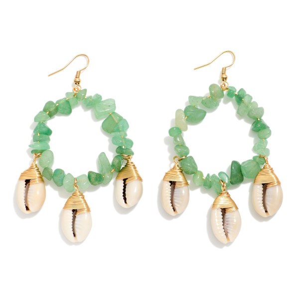 Beaded Semi Precious Stone Hoop Drop Earring Featuring Cowrie Shell Dangle Detail

- Approximately 3.5" L 