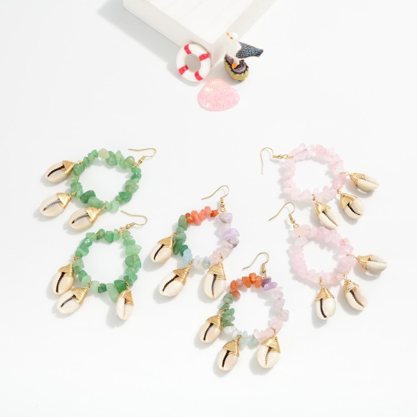 Beaded Semi Precious Stone Hoop Drop Earring Featuring Cowrie Shell Dangle Detail

- Approximately 3.5" L 